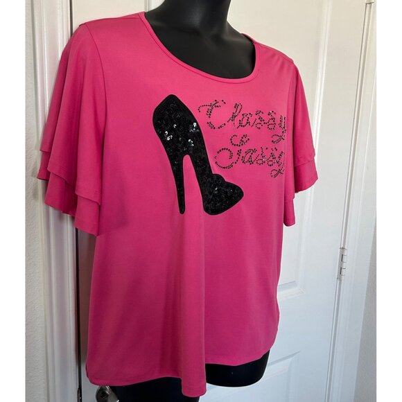 Classy Sassy Pink Top With Sequin Heel Graphic & Flutter Sleeves  SIZE 22 - Picture 2 of 9
